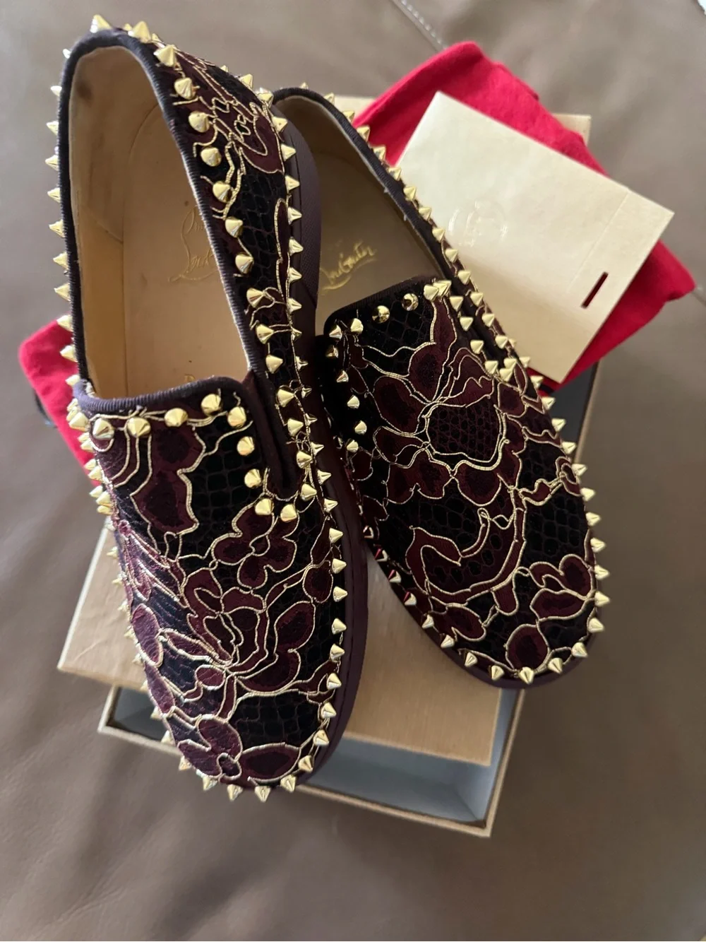 Christian Louboutin Burgundy Floral Studded Velvet Loafers